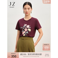 玖姿·安娜蔻简约休闲风圆领印花烫钻宽松短袖T恤女2024春季 酒红 M