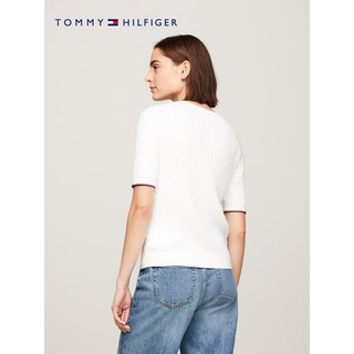 TOMMY HILFIGER 24春季女装纯棉简约绣标复古绞花合身短袖针织衫41787 白色YBL XL