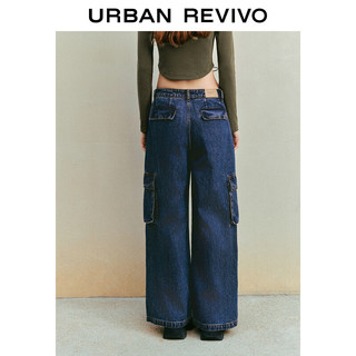 URBAN REVIVO UR2024春季女潮流工装口袋宽松开叉阔腿牛仔长裤UWL840016 蓝色 28