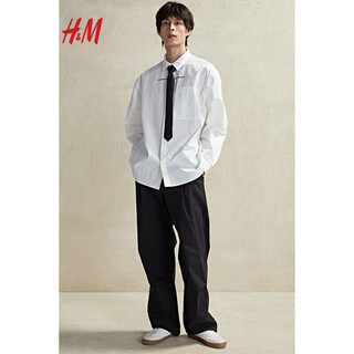 H&M男装2024年春季男士时尚舒适宽松版翻领长袖衬衫1214775 蓝色/白色条纹 170/92A S