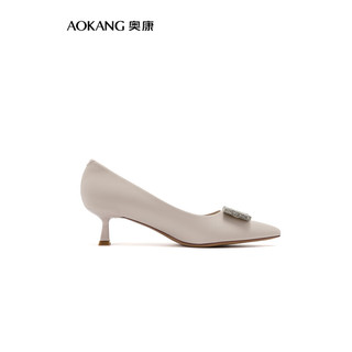 奥康（Aokang）女鞋 2024春季优雅法式细高跟鞋尖头方扣通勤单鞋女 米白色 5cm 35