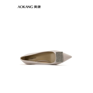 奥康（Aokang）女鞋 2024春季优雅法式细高跟鞋尖头方扣通勤单鞋女 米白色 5cm 36