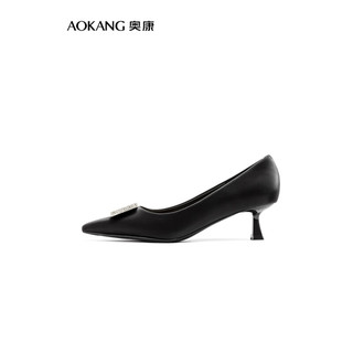 奥康（Aokang）女鞋 2024春季优雅法式细高跟鞋尖头方扣通勤单鞋女 黑色 5cm 38