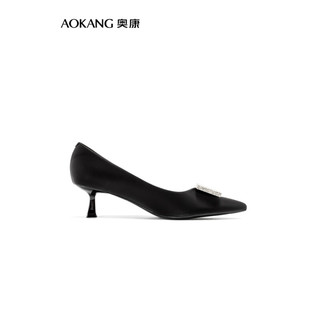 奥康（Aokang）女鞋 2024春季优雅法式细高跟鞋尖头方扣通勤单鞋女 黑色 5cm 38