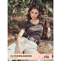 MISS SIXTY2024春季毛织衫女短袖V领镂空绑带英文印花复古风 军绿 L