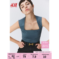 H&M女装背心2024春季方领柔软弹力汗布上衣1221690 蓝灰色 160/88A S
