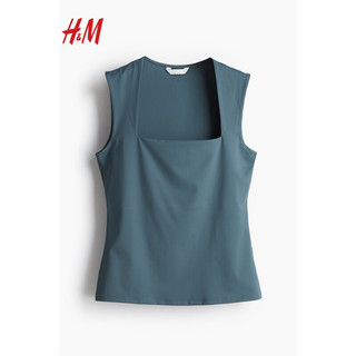 H&M女装背心2024春季方领柔软弹力汗布上衣1221690 蓝灰色 160/88A S