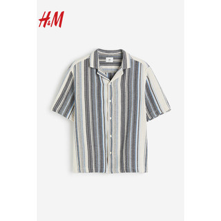 H&M2024春季男士标准版型纹理感针织古巴领衬衫1207092 海军蓝/条纹 170/92A S