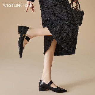 WESTLINK 西遇 尖头单鞋女2024新款春季法式气质复古黑色低跟鞋粗跟玛丽珍鞋 黑色 35