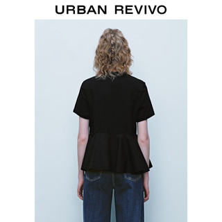 UR2024夏季女装都市休闲拼接设计感捏褶圆领T恤衫UWU440042 正黑 XL