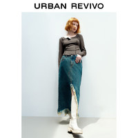 URBAN REVIVO UR2024春季女装简约百搭木耳边方领修身长袖T恤UWV440002 熟褐色 M