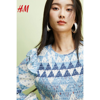 H&M2024春季女士缩褶上身连衣裙/长裙1227614 浅蓝色/图案 170/116A XL