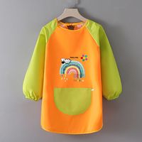 LUOTONGOU 洛童欧 罩衣儿童 6-9岁小孩围裙画画衣宝宝护衣饭兜男童女童吃饭围兜反穿衣中大童柔软防水长款幼儿园定制 橘拼绿(彩虹笔) 大号