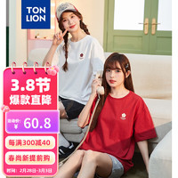 TONLION 唐狮 短袖T恤女24夏季左胸小花圆领小清新宽松半袖上衣 洋红 XL