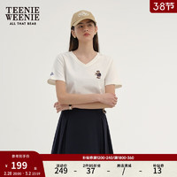 TEENIE WEENIE 小熊2024年棉质V领白色短袖T恤ins风短款宽松上衣女 象牙白 165/M