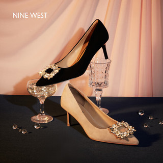 NINE WEST/玖熙羊反绒女单鞋闪钻方扣优雅高跟鞋NH207009SK 杏色 39 