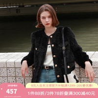 三彩女装仿毛毛绒外套环保皮草香风口袋保暖宽松女 黑色 155/80A/S