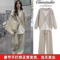 朗茵 孕妇装秋季2023新款套装两件套秋冬装时尚网红洋气秋装毛衣春秋款 黑色假两件上衣+裤子 XXL