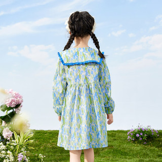 茵曼（INMAN）纯棉碎花连衣裙24年春女童长袖娃娃领公主裙儿童衬衫裙 蓝绿色 110cm