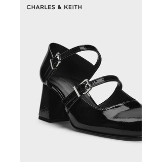 CHARLES&KEITH24春法式粗跟方头一字带玛丽珍鞋CK1-60361494 Black Patent黑色 35