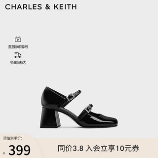 CHARLES&KEITH24春法式粗跟方头一字带玛丽珍鞋CK1-60361494 Black Patent黑色 39