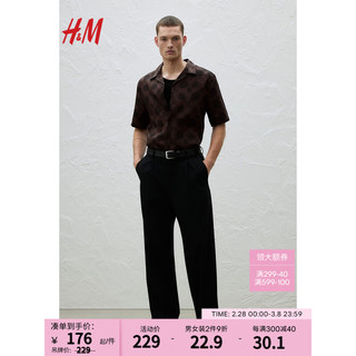 H&M男装2024春季舒适休闲标准版型莱赛尔古巴领衬衫1210433 棕色/图案 170/92A