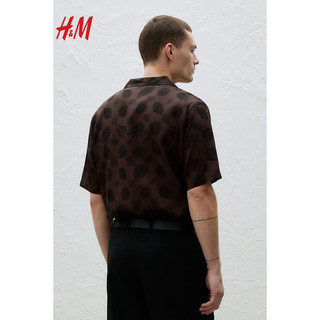 H&M男装2024春季舒适休闲标准版型莱赛尔古巴领衬衫1210433 棕色/图案 170/92A