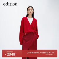 edition毛衣女2024春新中式交叠V领羊毛羊绒红色毛衣开衫外套 大红色 XS/155