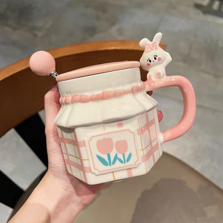 万家全陶瓷马克杯杯子可爱带盖带勺水杯牛奶咖啡杯元旦节 粉色带勺盖