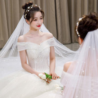 红妆饰佳 婚纱2024新娘主婚纱一字肩公主质感出门纱重工奢华主纱 浅香槟齐地款 L