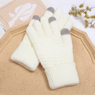 叕二叕  触屏手套女冬季针织加绒提花加厚防滑保暖时尚冬季手套 白色