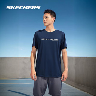 Skechers斯凯奇2024男女同款运动T恤轻盈针织圆领短袖衫宽松舒适 男款-海军学院蓝/02MZ XL