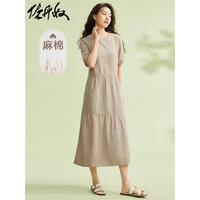 佐丹奴裙子女装天然麻棉梭织泡泡袖薄圆领连衣裙05464323 99卡其 XL