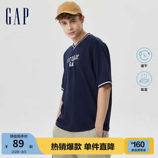 Gap 盖璞 男女装夏季LOGO运动休闲V领短袖T恤671943快干上衣 海军蓝 185/108A(XL)