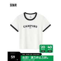 Semir 森马 短袖T恤女短款正肩撞色复古风2024夏季修身字母上衣个性 本白10102 170/92A/XL