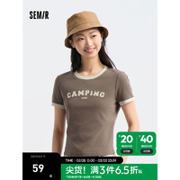 森马（Semir）短袖T恤女短款正肩撞色复古风2024夏季修身字母上衣个性 咖色调00355 150/76A/XS