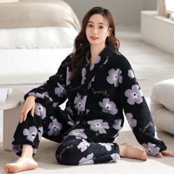 hodohome红豆居家珊瑚绒睡衣女冬季韩版加绒保暖法兰绒家居服v领开衫