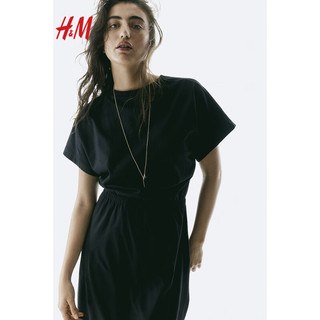 H&M女装裙子2024春季CleanFit简约腰部缩褶汗布连衣裙1140183 黑色007 170/128A