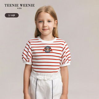 Teenie Weenie Kids小熊童装24春夏季女童乖巧条纹花苞袖T恤 红色 140cm