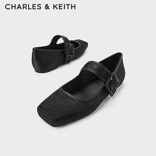 CHARLES&KEITH24春季龙年刺绣方头平底玛丽珍鞋女CK1-71720064 BLACK TEXTURED黑色纹理 36