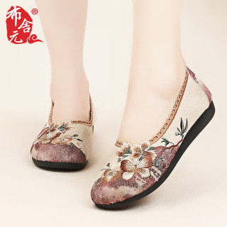 布舍元中国风刺绣花头鞋休闲鞋一脚蹬老北京布鞋女410-7071 黄色 37