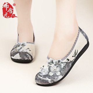 布舍元中国风刺绣花头鞋休闲鞋一脚蹬老北京布鞋女410-7071 灰色 35