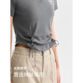 森马（Semir）POLO衫女短款印花复古风2024夏季修身绑带上衣 灰色调00322 170/92A/XL