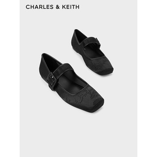 CHARLES&KEITH24春季龙年刺绣方头平底玛丽珍鞋女CK1-71720064 BLACK TEXTURED黑色纹理 40