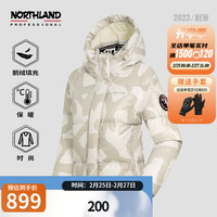 诺诗兰户外保暖羽绒服高蓬90防泼鹅绒男女连帽外套 LOGO杏白印花色-女 175