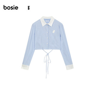 bosie 商场同款【小椅子】bosie2024年春季新款条纹系带长袖衬衫男情侣 蓝色 155/76A