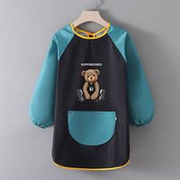 LUOTONGOU 洛童欧 罩衣儿童 6-9岁小孩围裙画画衣宝宝护衣饭兜男童女童吃饭围兜反穿衣中大童柔软防水长款幼儿园定制 黑拼墨绿(泰迪熊) 大号