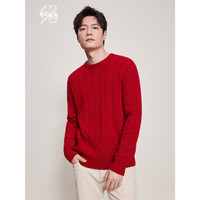 鄂尔多斯1980抗静电 纯羊绒圆领绞花红色男羊绒针织衫 中国红