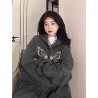 LDBE开衫卫衣外套女美式复古春季加绒加厚oversize宽松慵懒风连帽上衣 深灰色【春秋薄款】 3XL（140-170斤）