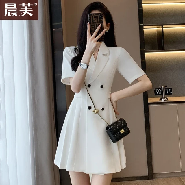 晨芙职业西装连衣裙女夏短袖高腰名媛气质百褶裙小个子主持礼服工作服